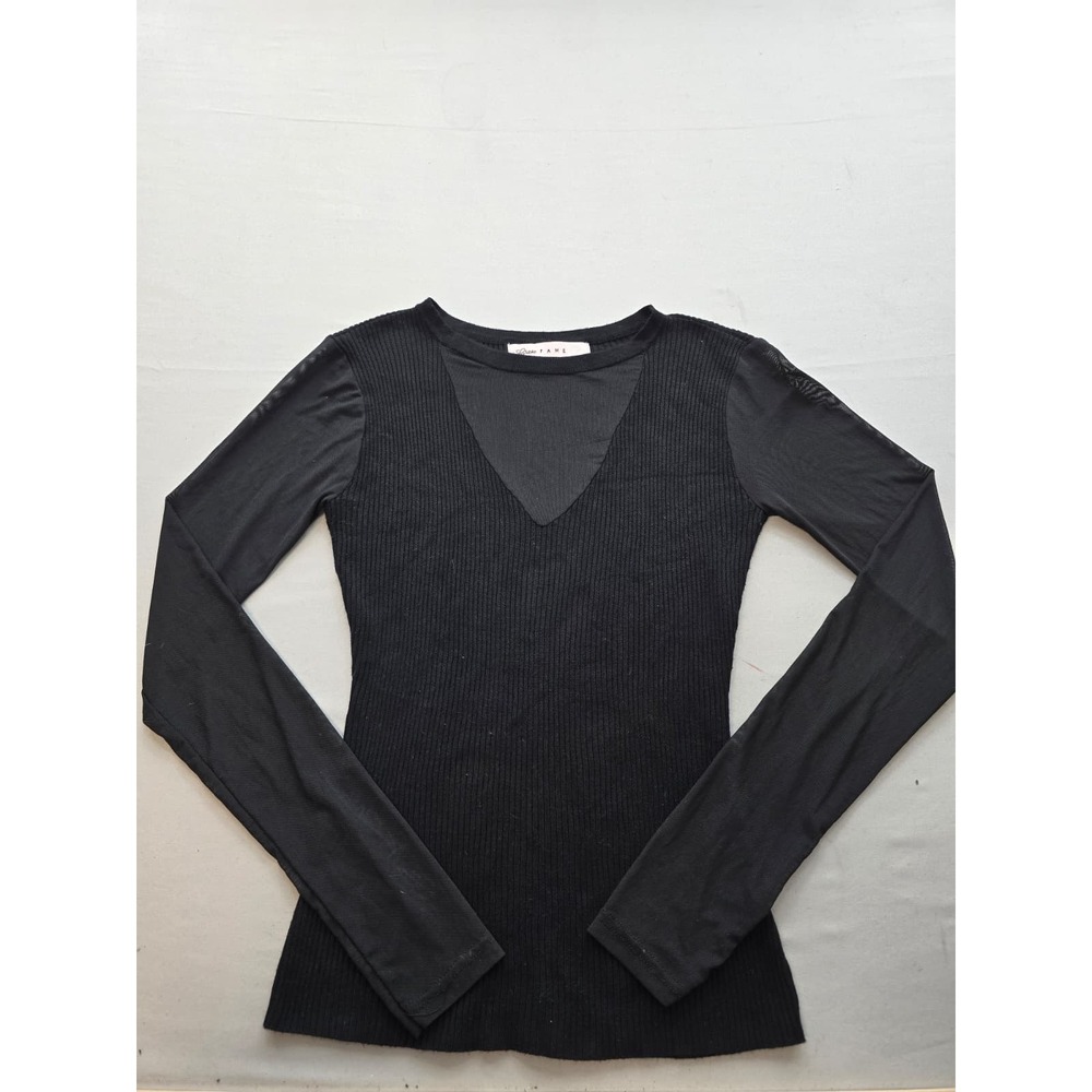Crave Fame Womens Black Ribbed Knit Mesh V-Neck Long Sleeve Top Size Medium
